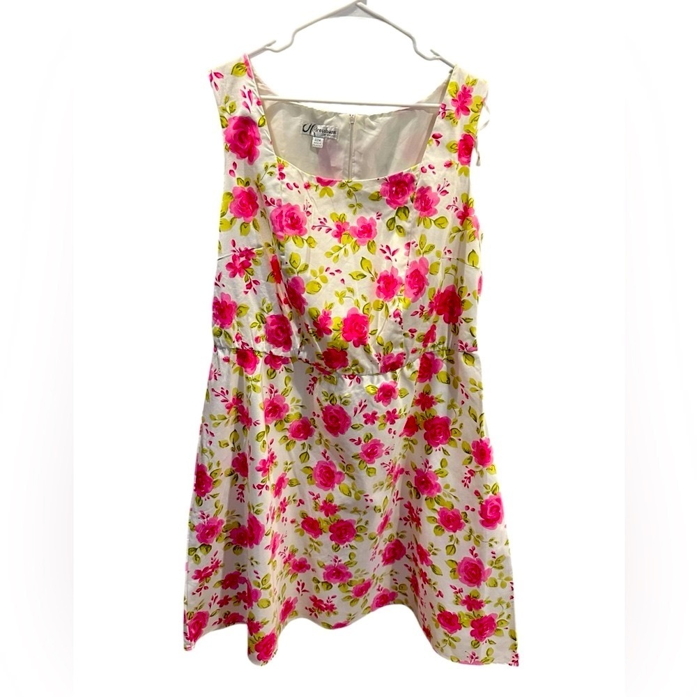 Dress Barn White Floral Sundress with Pink Roses and Green Leaves